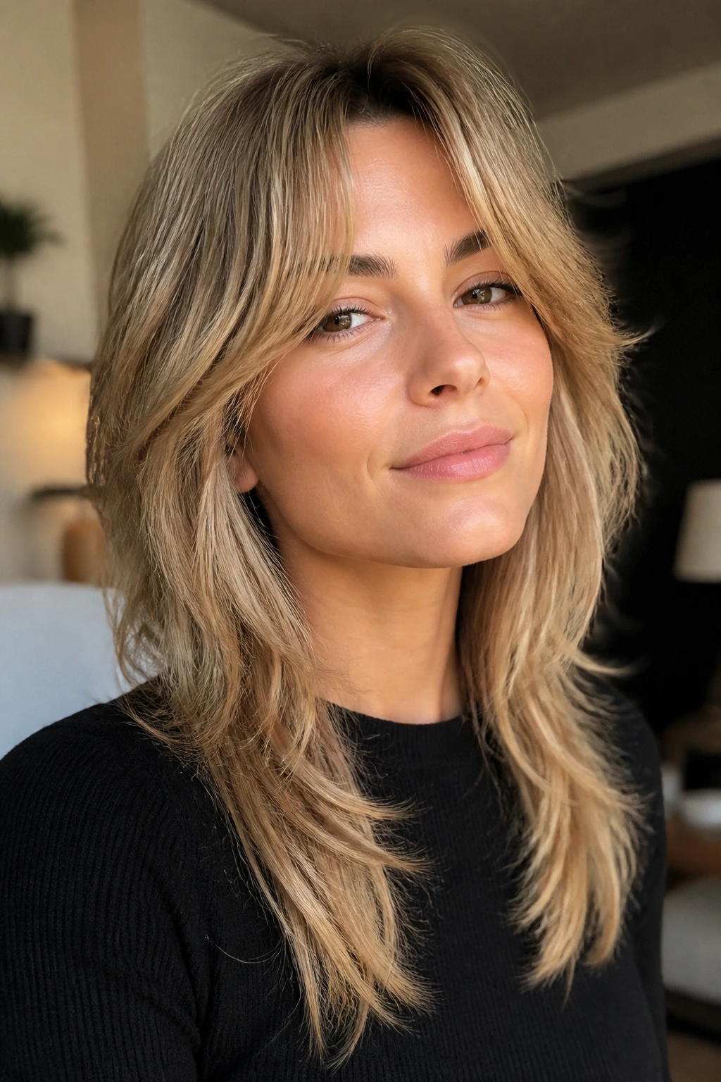 Portrait of woman with a softer shag wolf cut variation