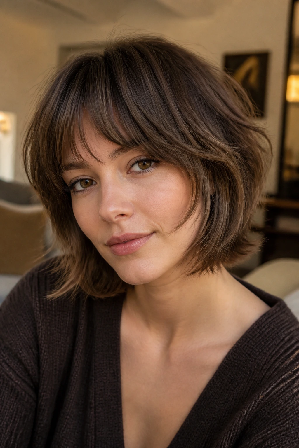 Portrait of a woman with a soft shaggy butterfly bob and wispy bangs.