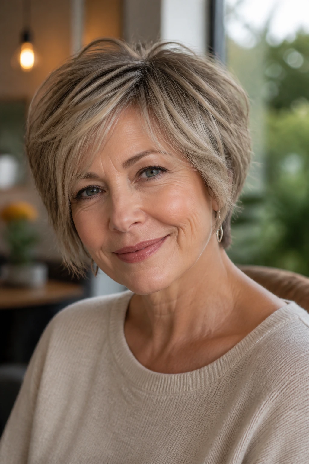 Close-up portrait of a real woman with soft shaggy pixie-bob and movement