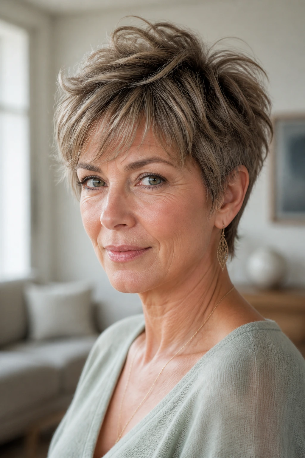 Portrait of a real woman with a soft shaggy pixie highlighting smooth texture.
