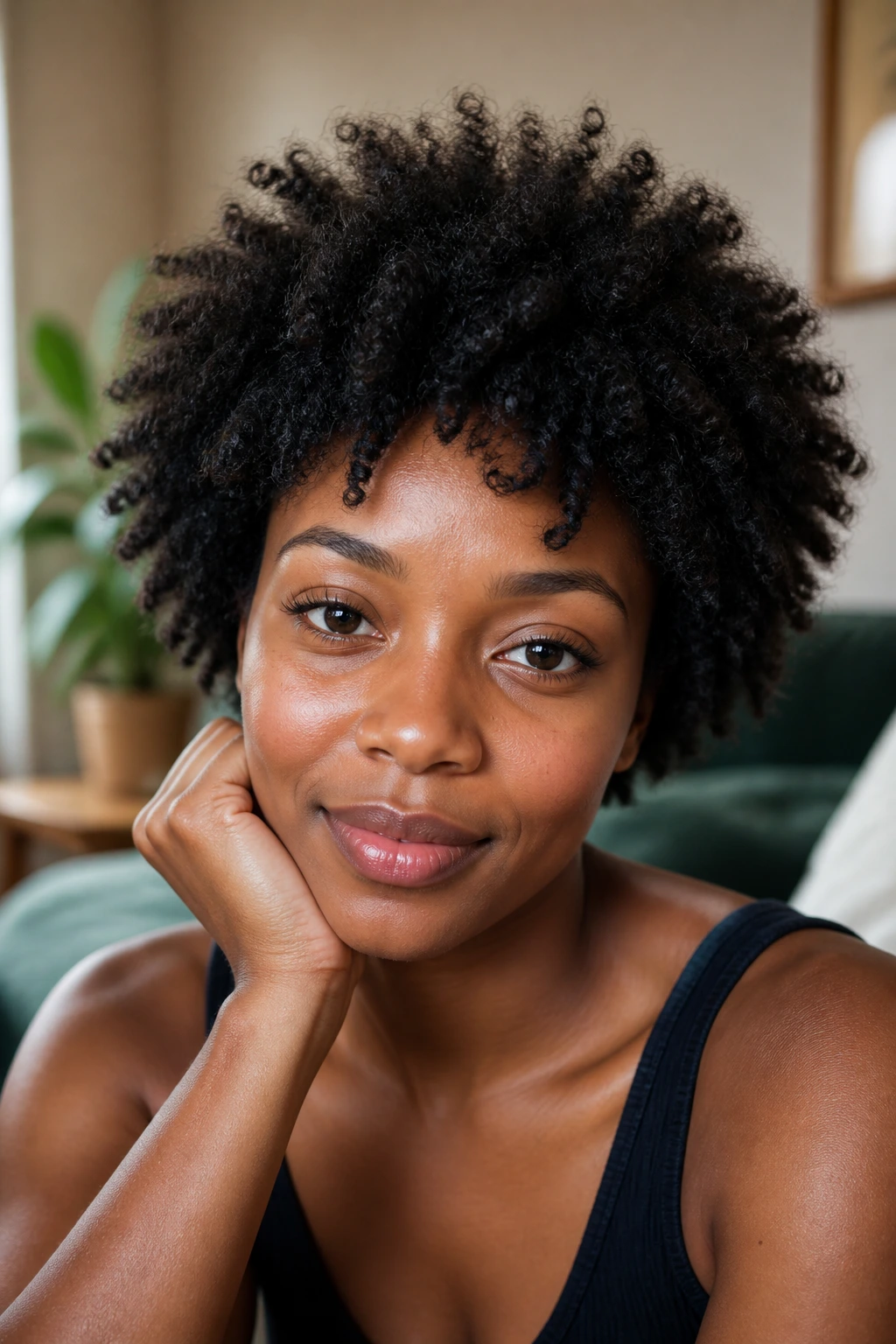 Close-up of a real Black woman with a soft, shaggy short Afro in natural daylight
