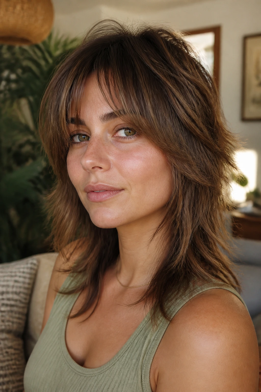Close-up of a real woman with a soft mullet shag in warm window light