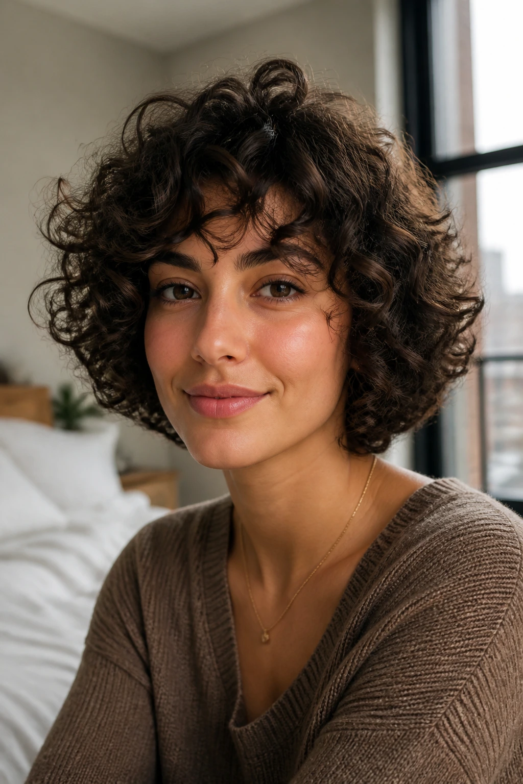 Close-up portrait of a real woman with a short curly haircut forming a soft rounded silhouette