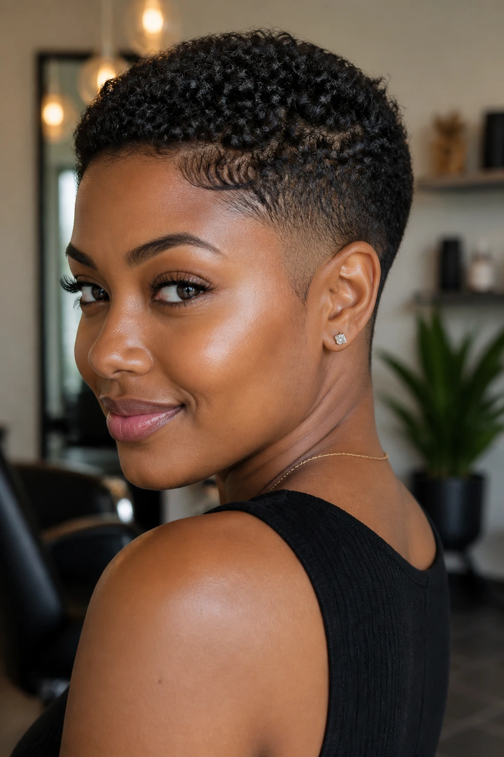 Close-up of a Black woman's short haircut with softened temples and nape.