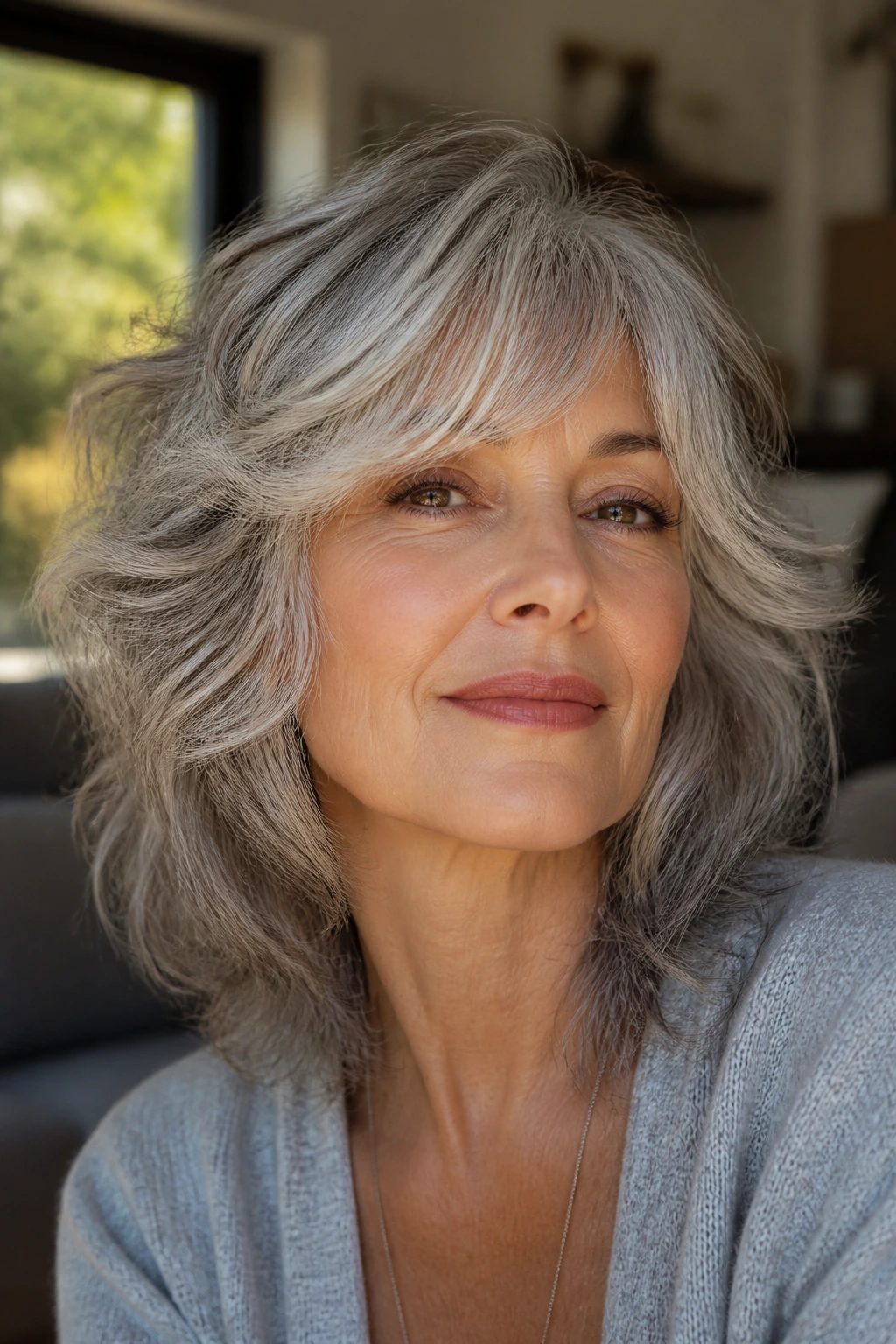 Close-up portrait of a real woman with a soft gray shag variation showing movement