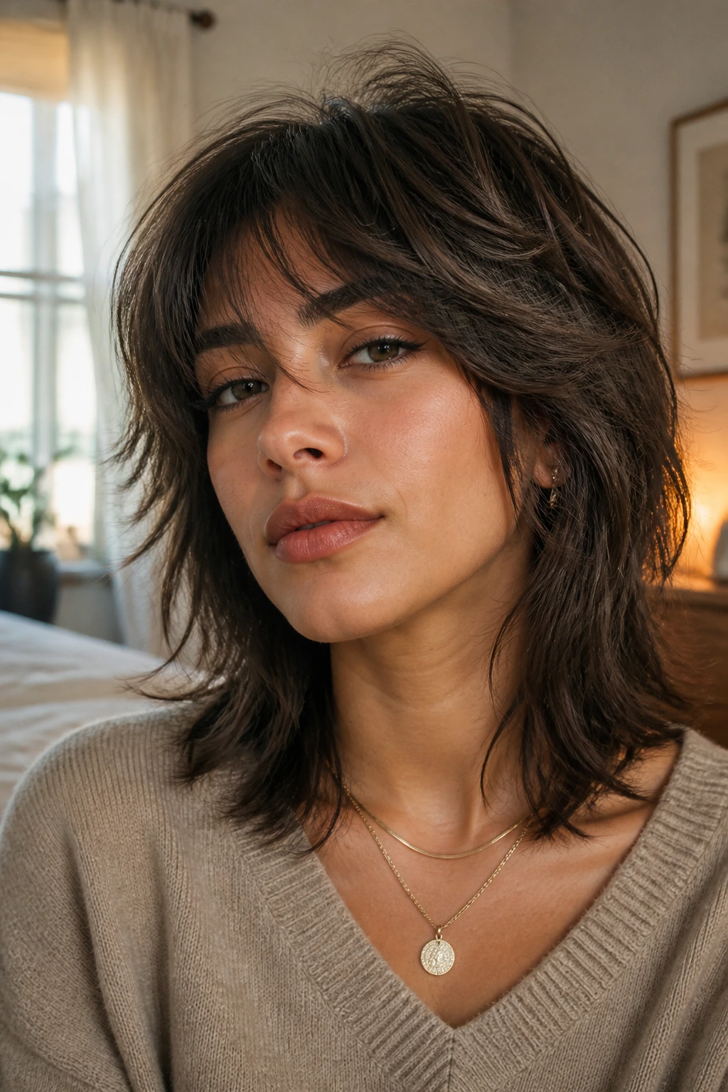 Close-up portrait of a real person with shoulder-length wolf cut with soft shattered ends and crown lift