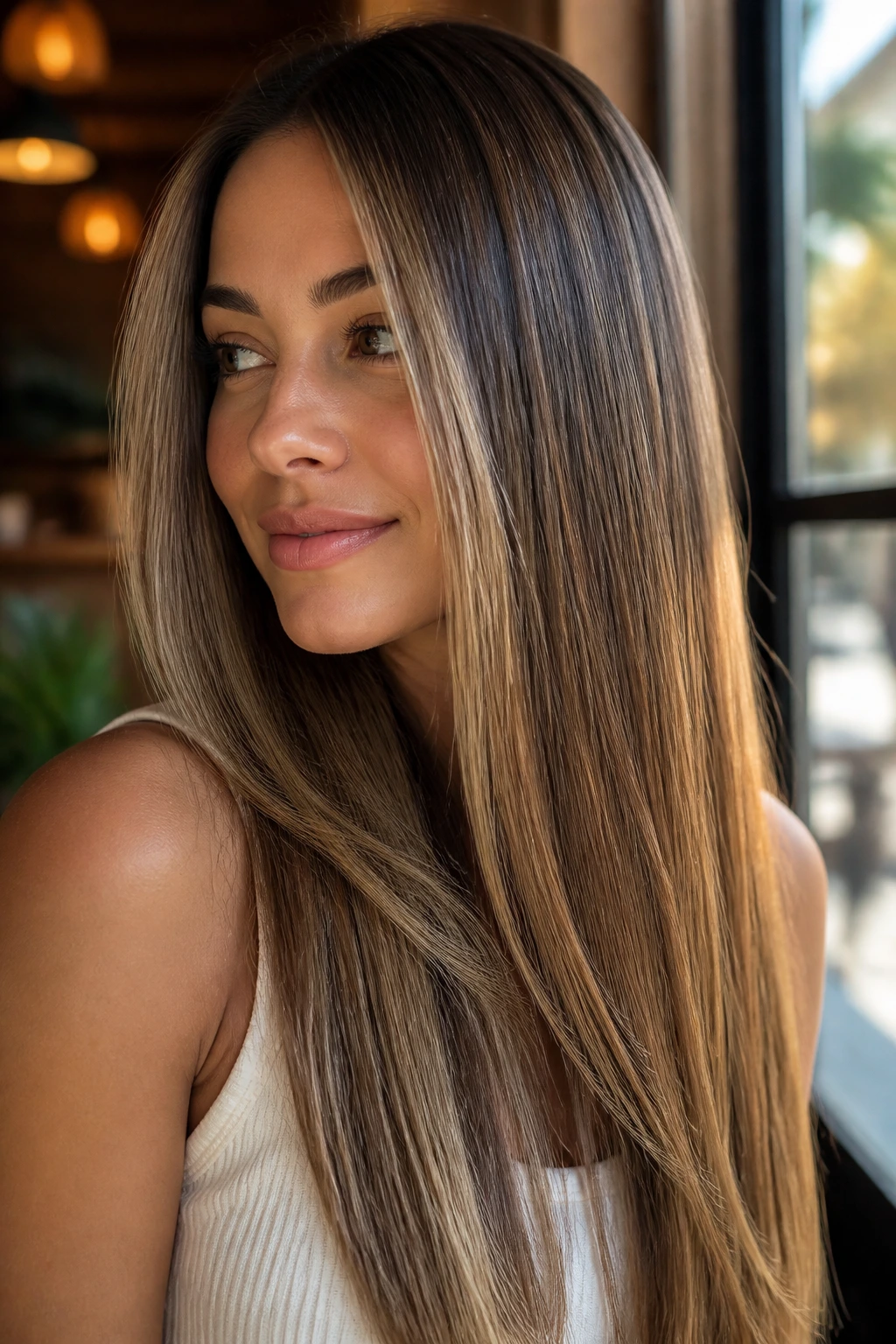 Close-up portrait of a real woman with glossy straight hair under soft sunlit cafe light