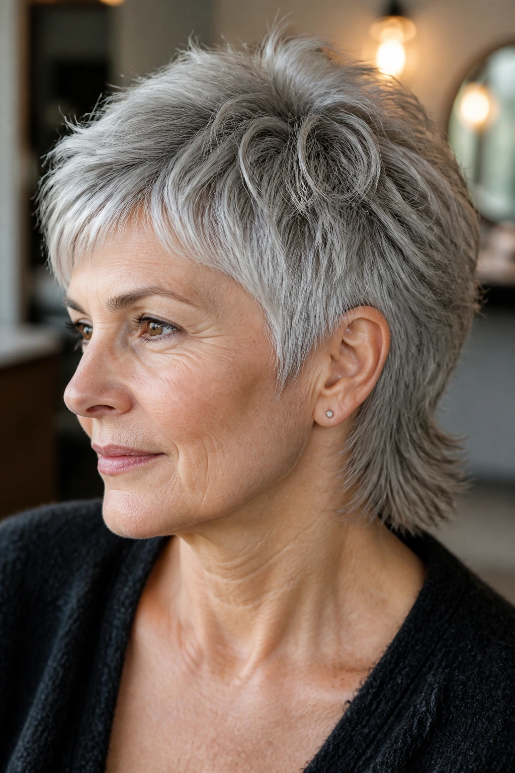 Portrait of an older woman with a softly styled short mullet