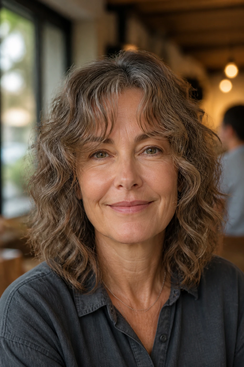 Close-up of a real woman with soft shoulder-length shag and curly curtain bangs
