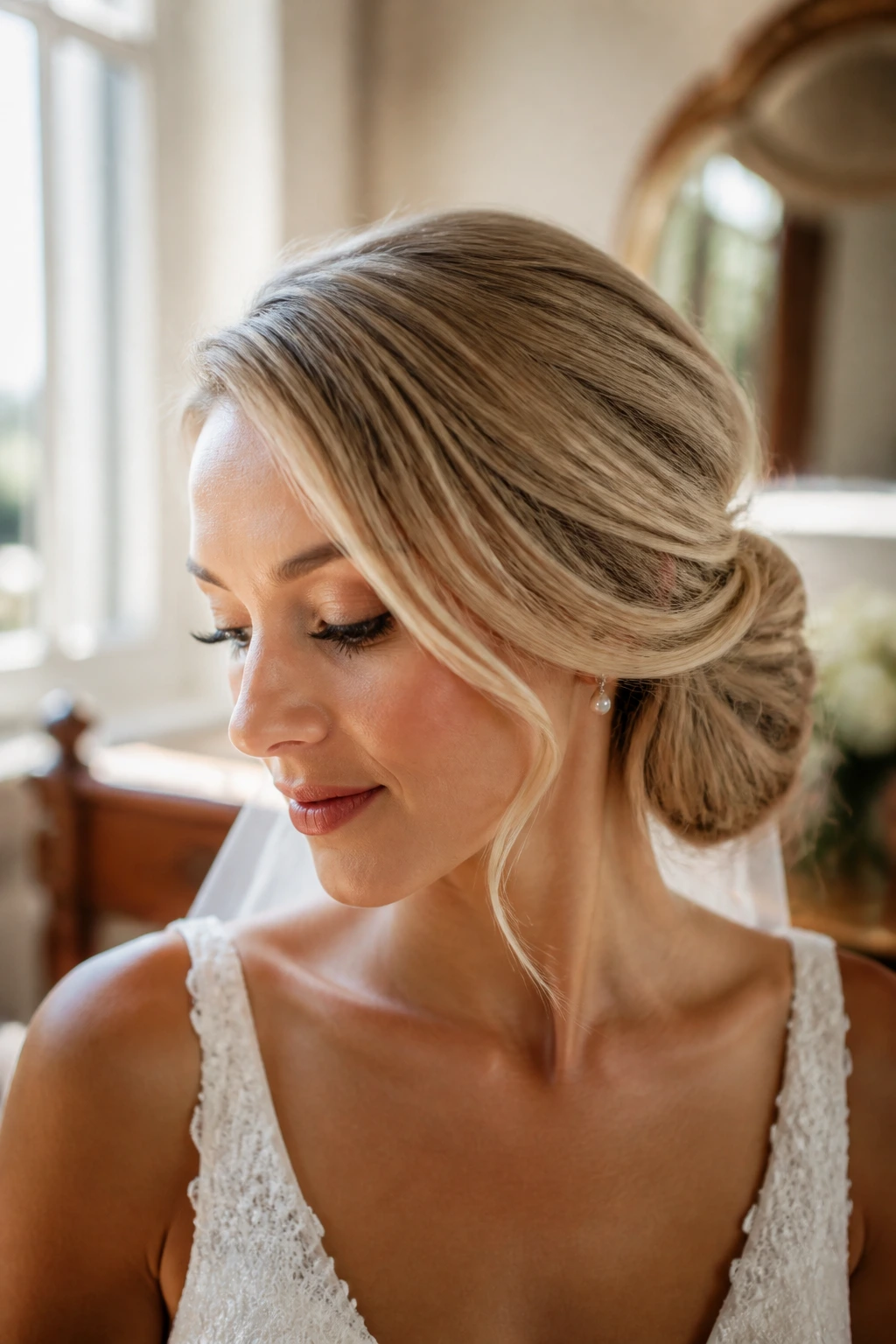 Bride with soft side bun and asymmetrical sweep