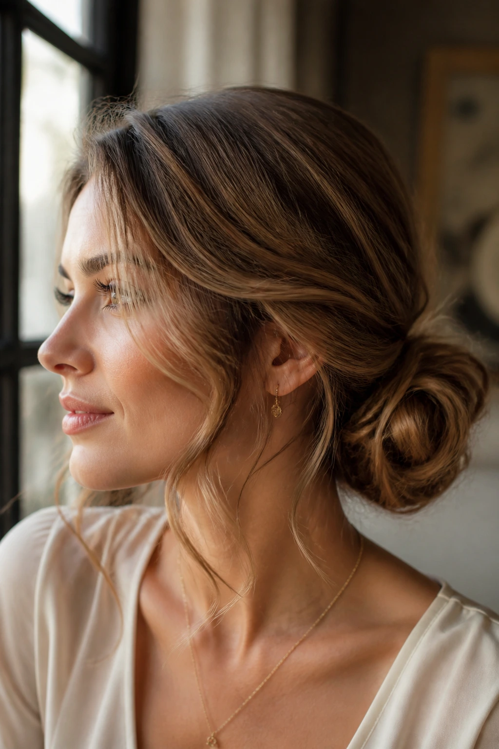 Close-up portrait of a woman with a side bun and loose tendrils