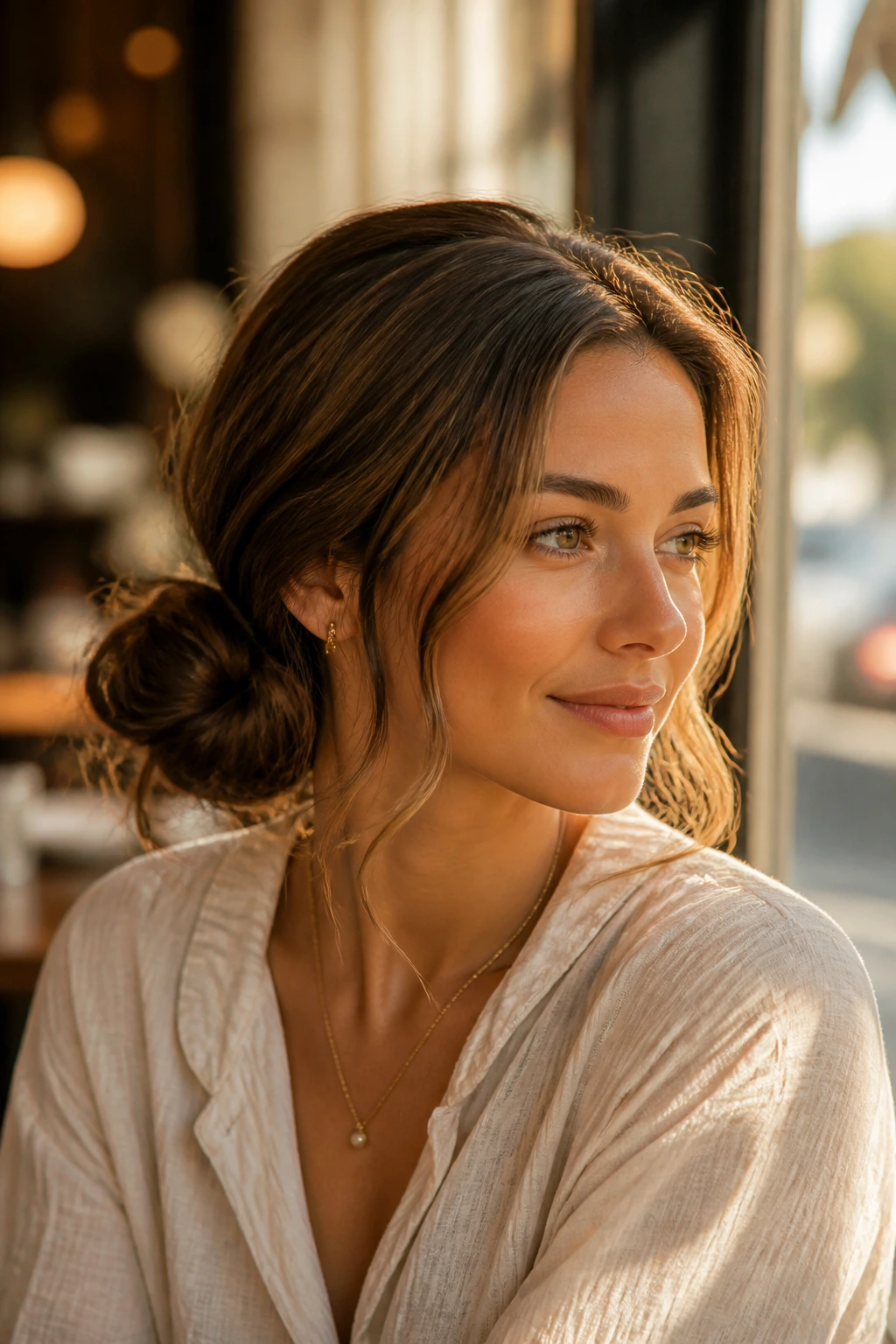 Close-up portrait of a real woman with a soft side bun and tendrils