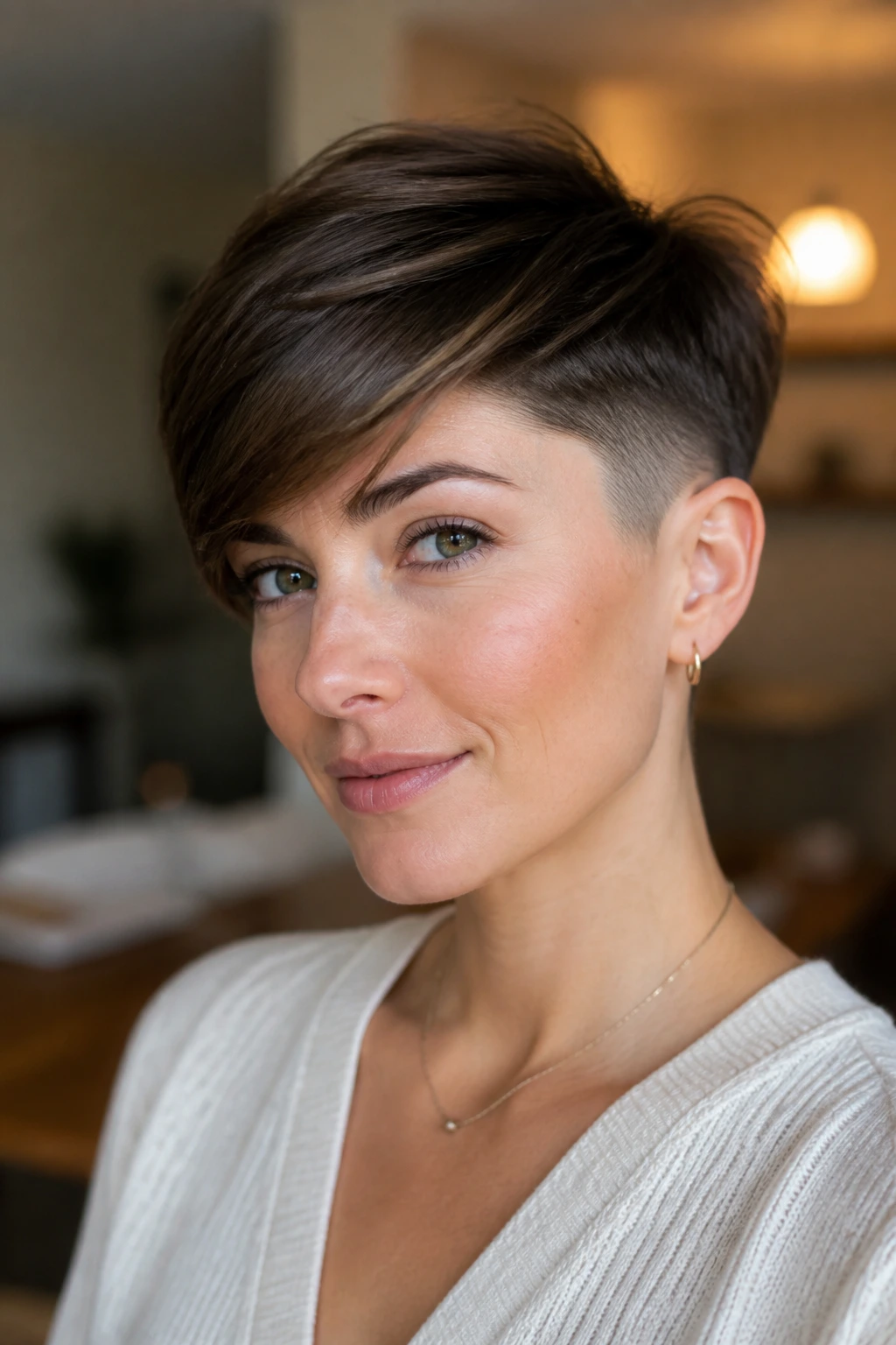 Close-up portrait of a woman with a soft side fade pixie