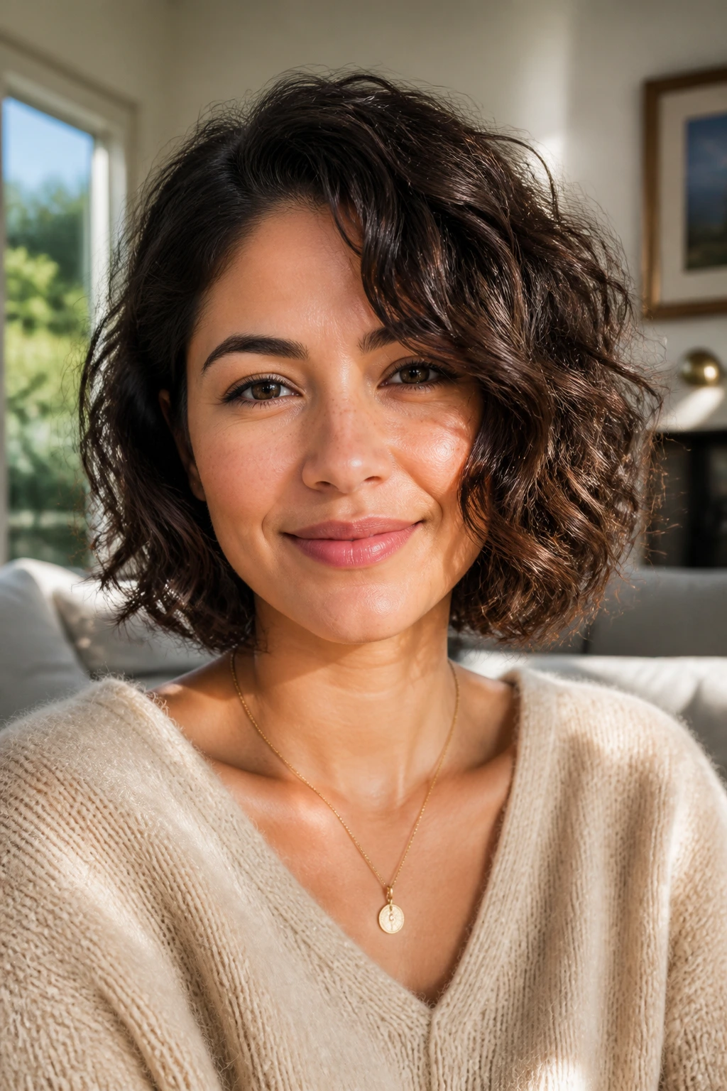 Real woman with soft side-part curly bob, diagonal part and chin-length curls