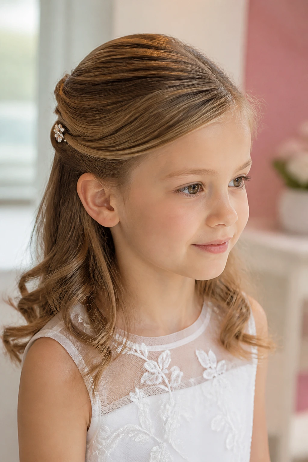 Close-up portrait of a real child with a soft side-part half-up and tucked ear piece in warm light.