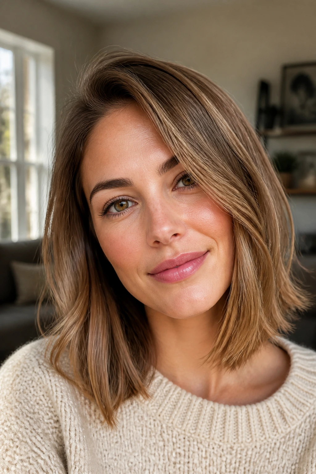 Close-up of a real person with a soft side part hairstyle.