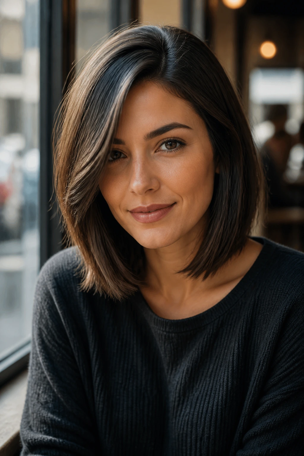 Portrait with soft side-part lob, warm daylight in cafe setting