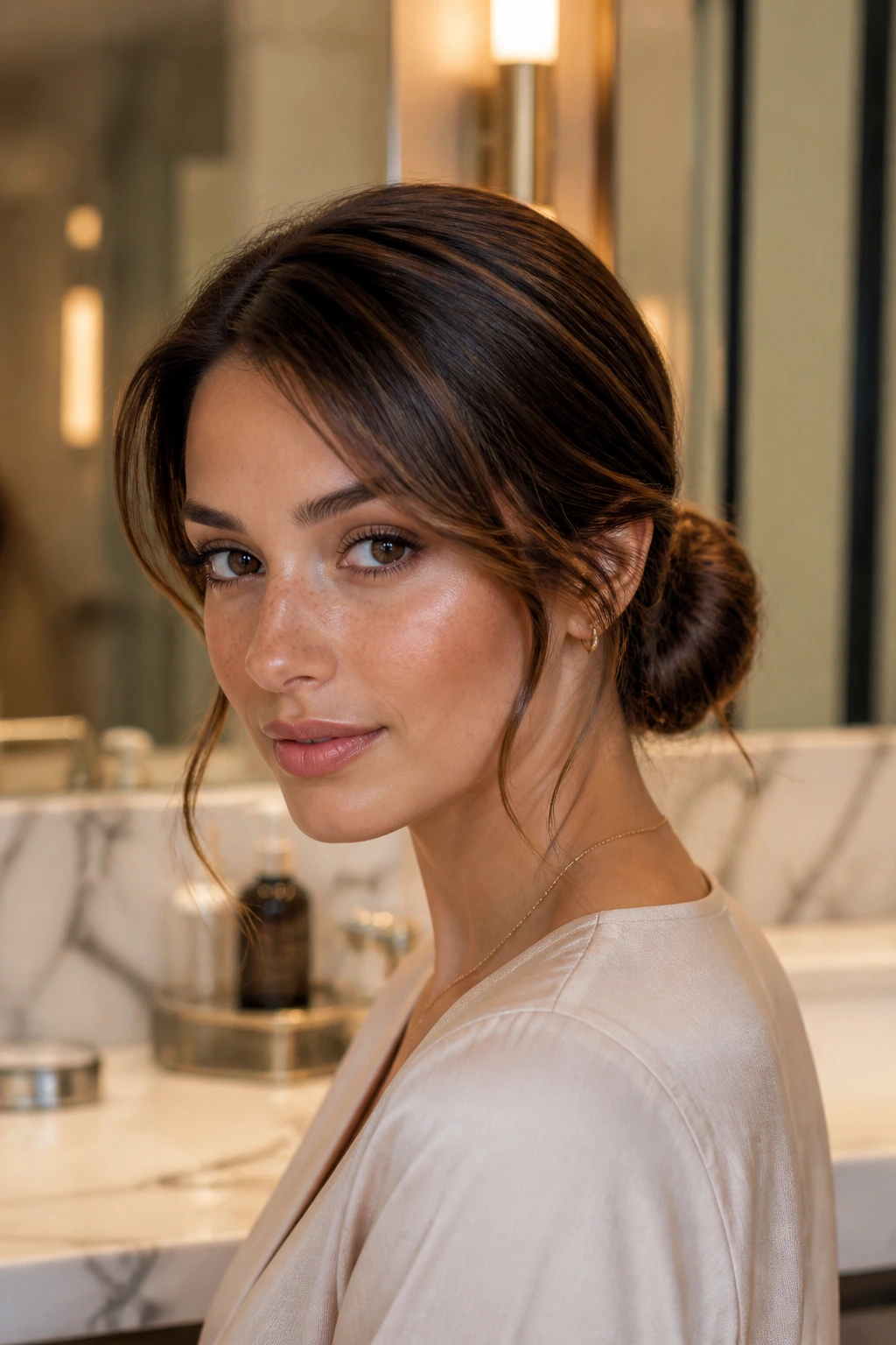 Close-up of a woman with a soft side part and a low bun in warm bathroom light