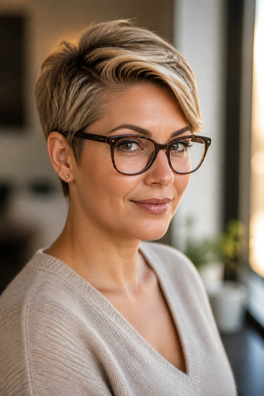 Close-up portrait of a real woman with a soft side-part pixie hairstyle