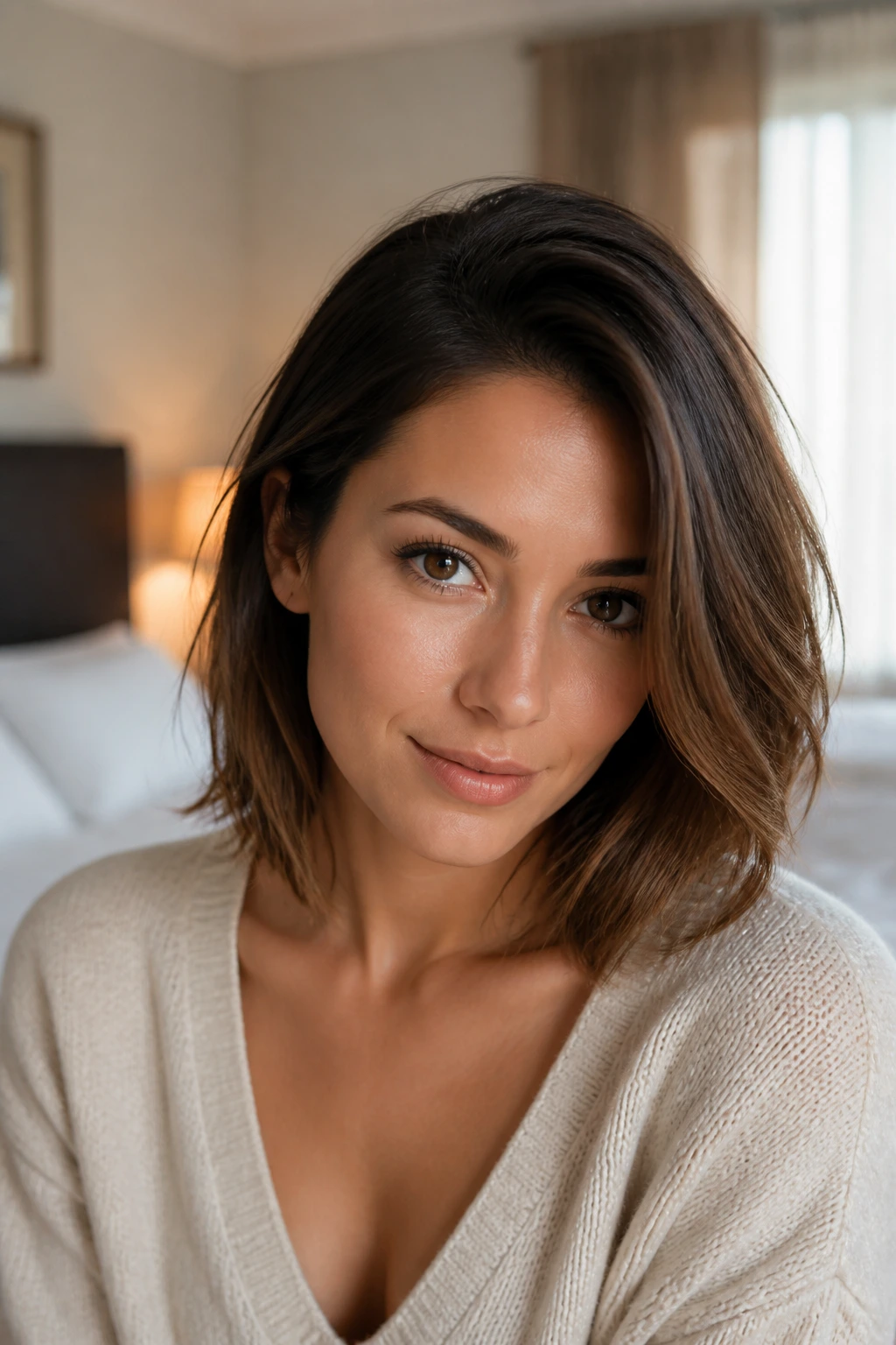 Close-up of a real woman with a soft side part in warm bedroom light