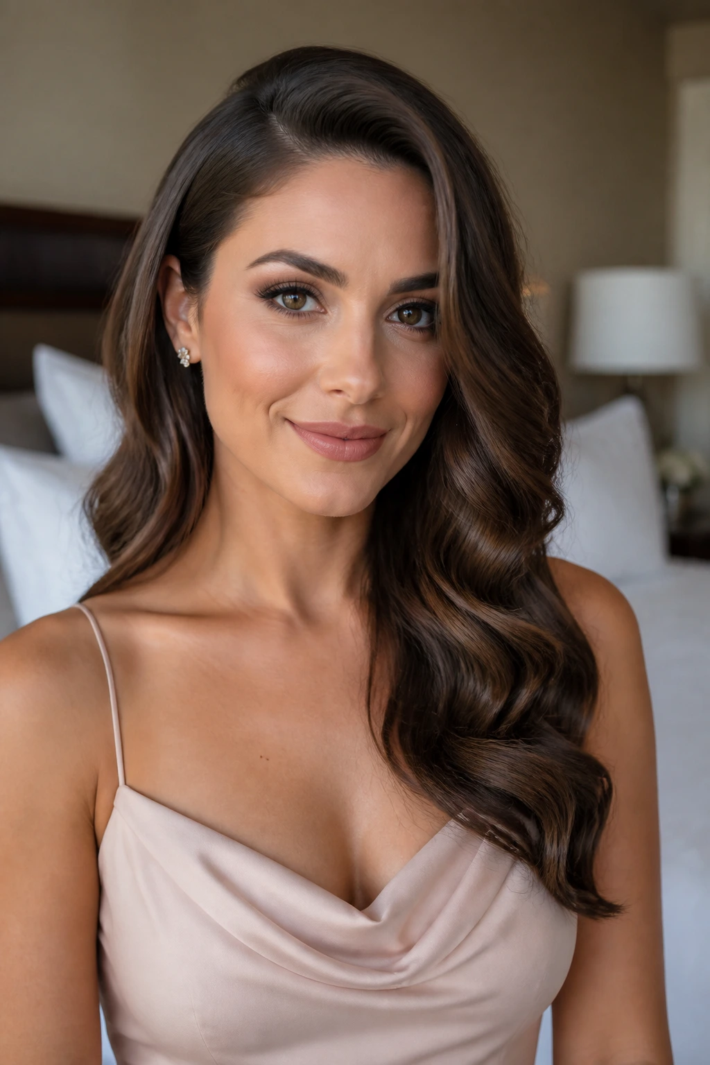Close-up of a real woman with soft side-part waves in a softly lit room