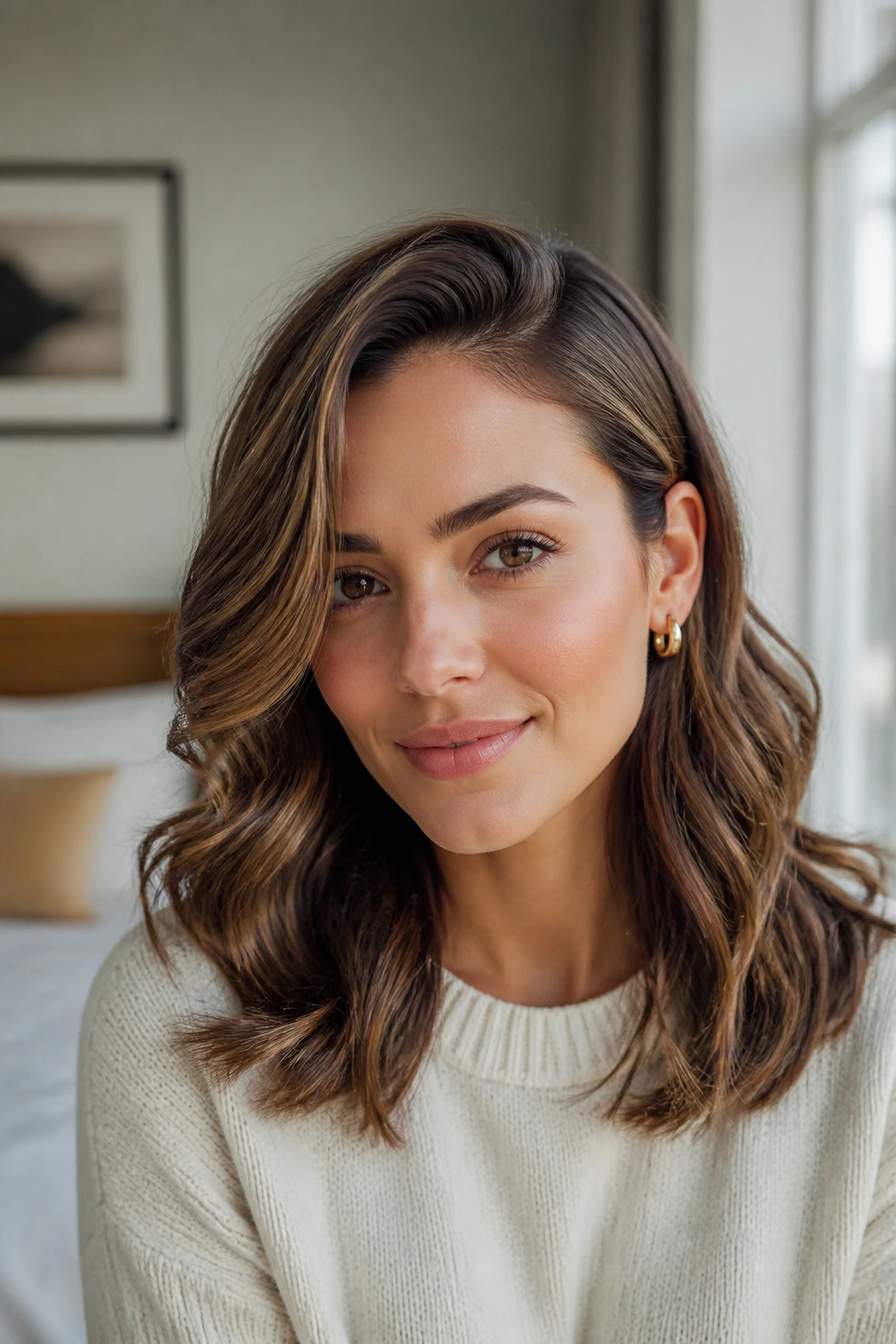 Close-up of a real woman with soft side-part waves framing the face.