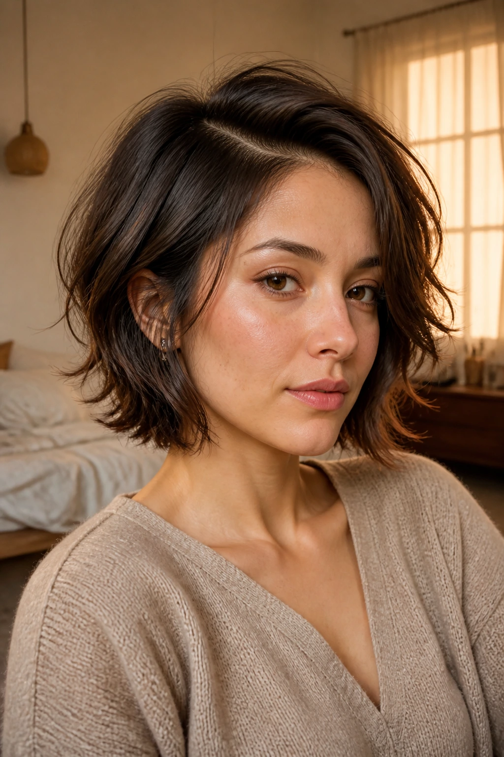 Close-up of a real woman with a soft side-part wolf bob in a cozy bedroom