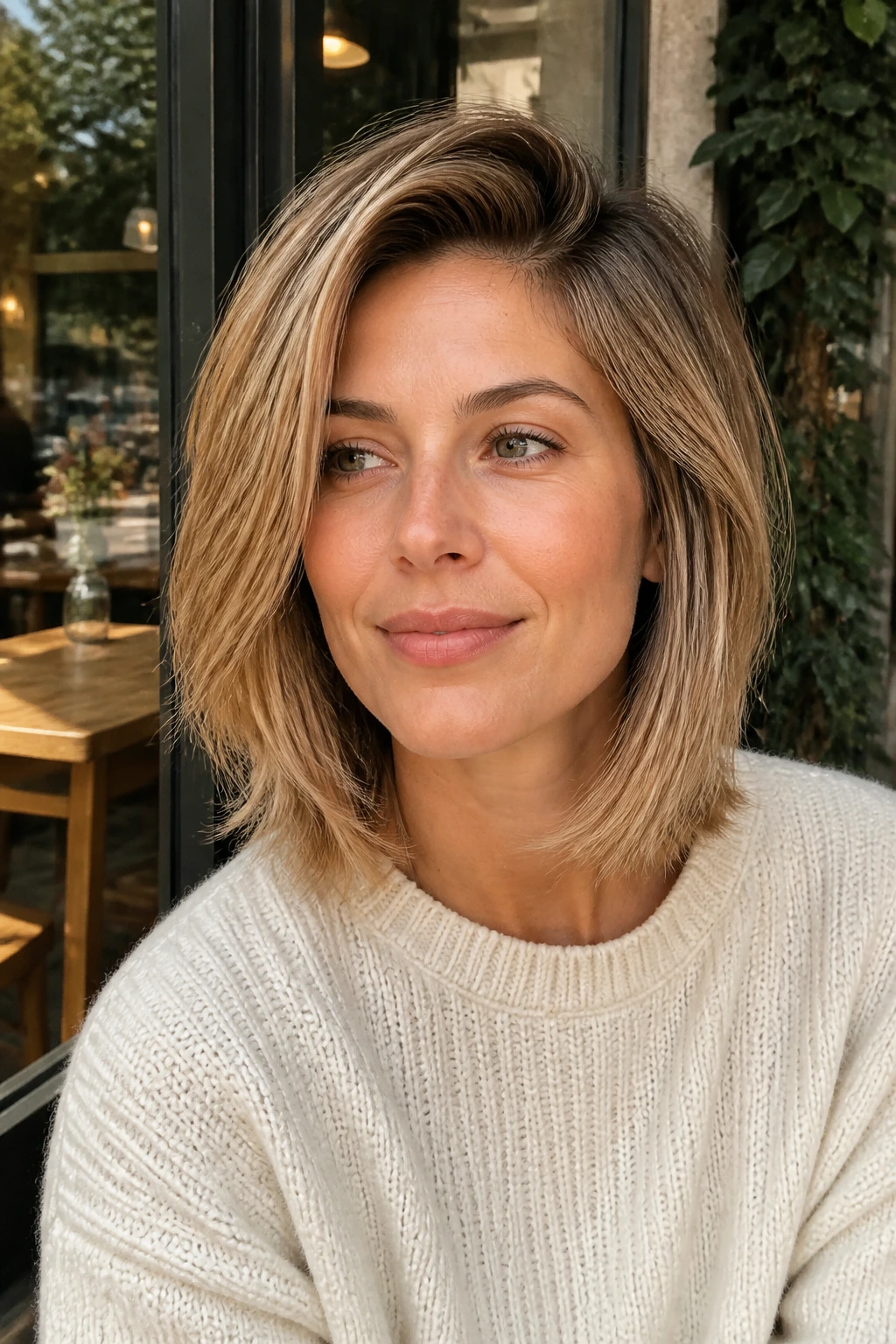 Portrait of a real woman with a soft side-split lob and off-center part.
