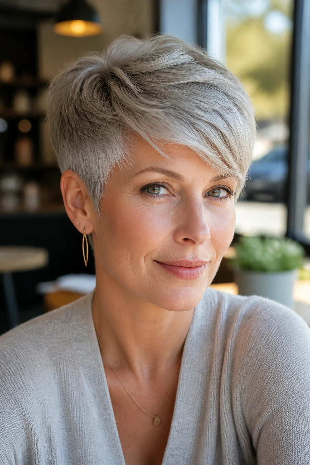 Silver pixie with soft-side swept fringe