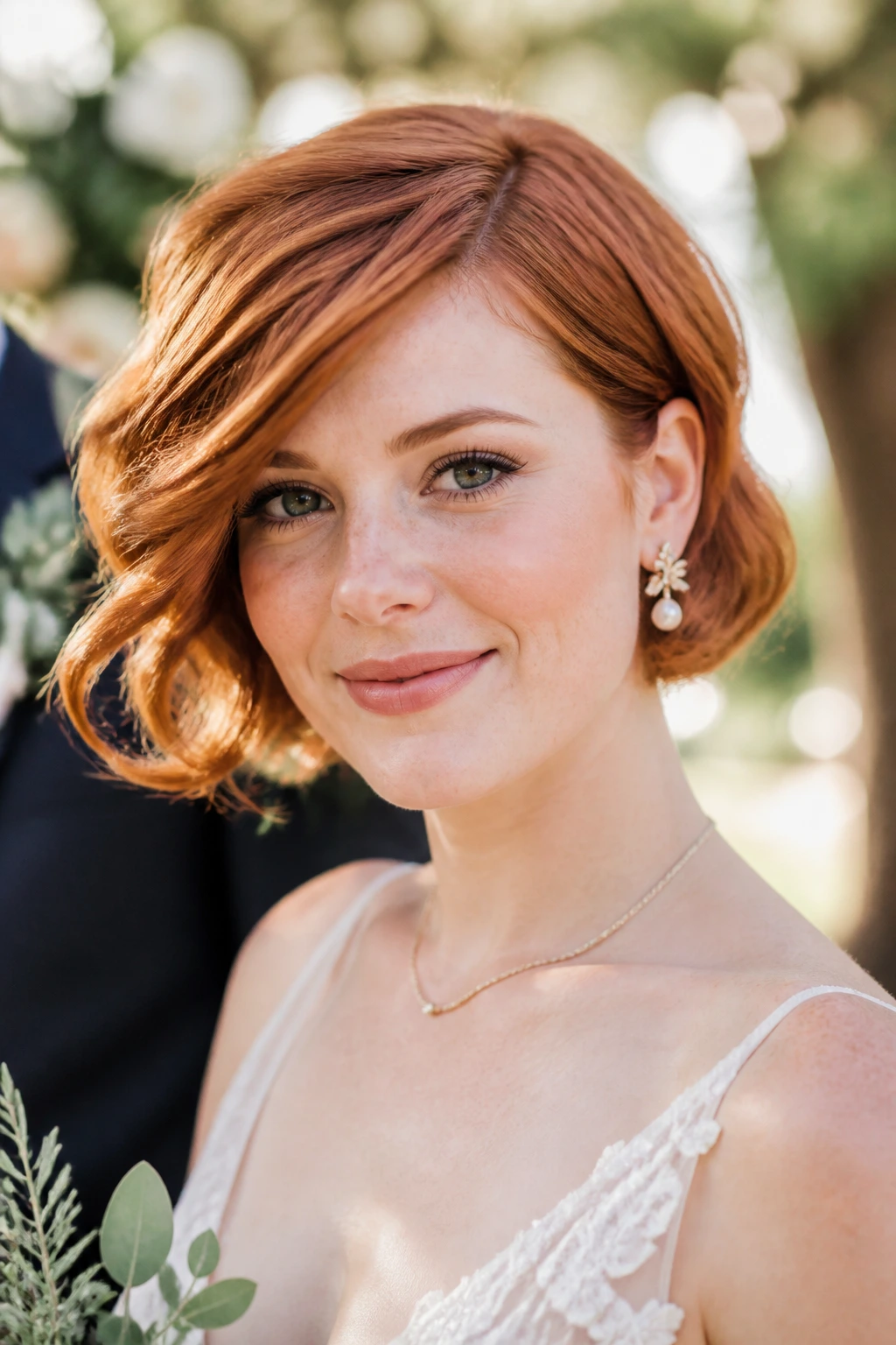 Close-up of a real bride with soft side-sweep and loose bends in short red hair