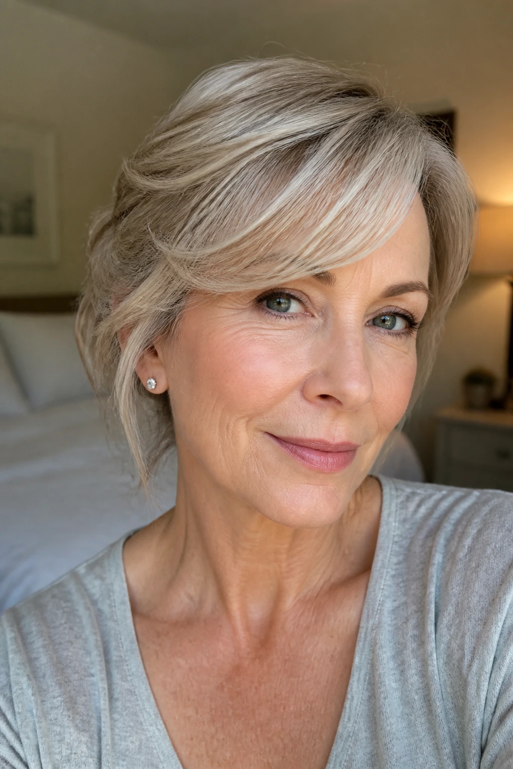 Close-up of a real woman with soft side-swept feathered bangs