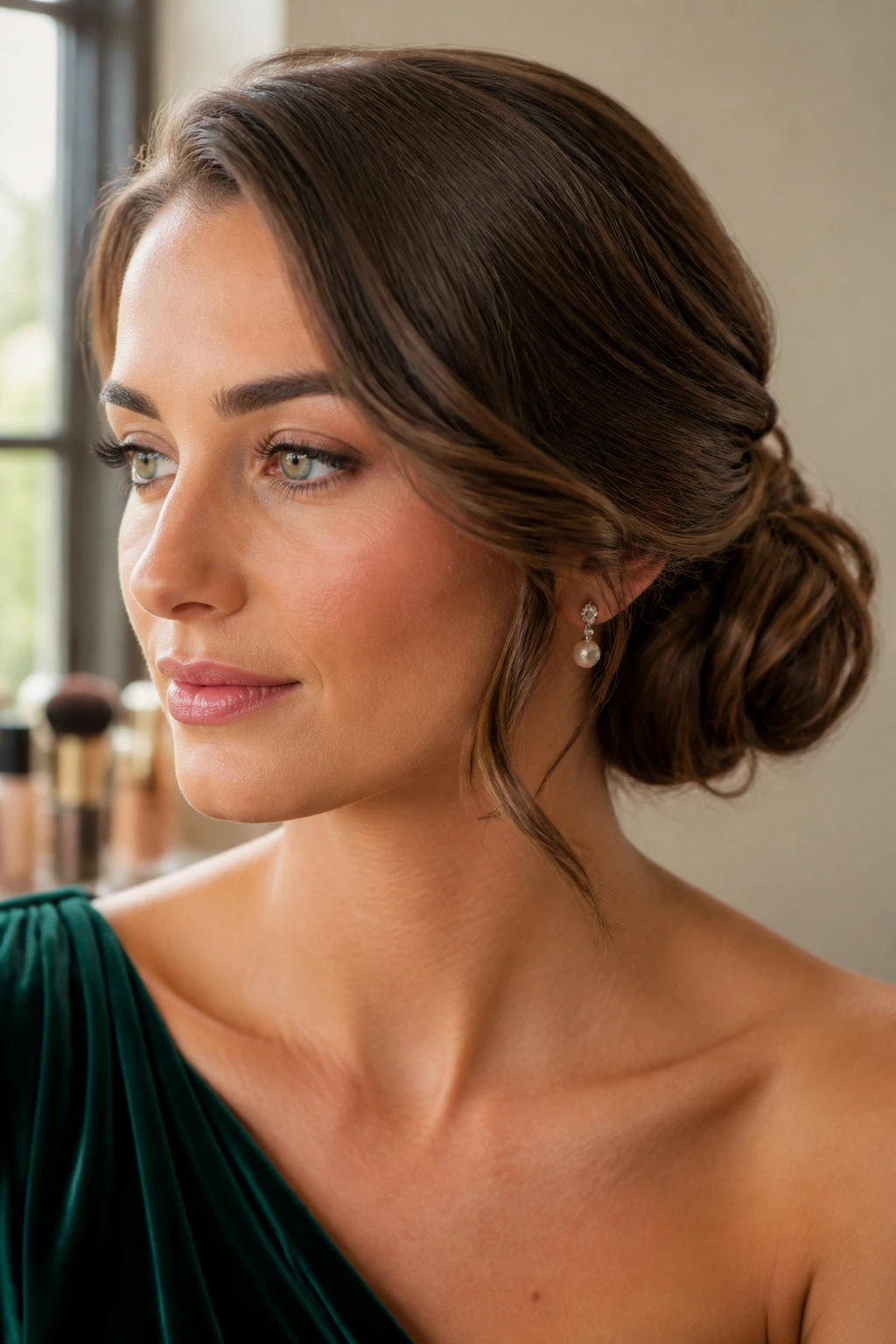 Close-up of a woman wearing a soft side-swept bun in warm dressing-room light