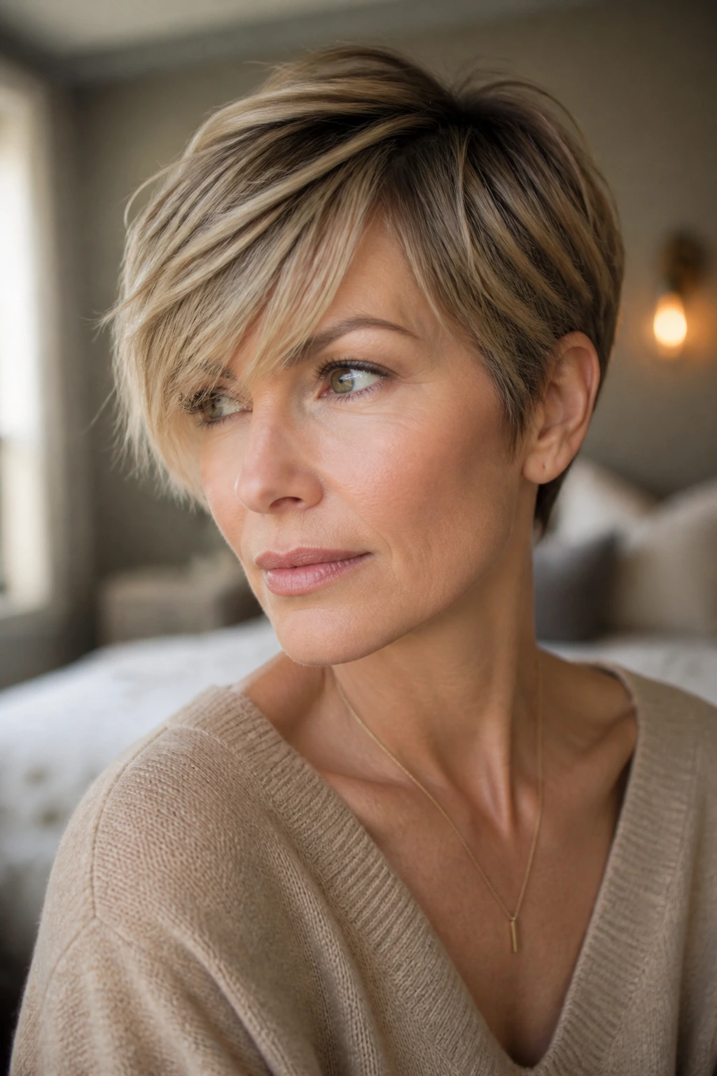 Portrait of a woman with a soft side-swept pixie and long fringe in warm window light.