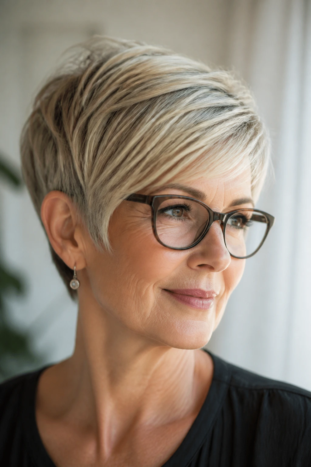 Close-up of a woman with a soft side-swept pixie across the forehead.
