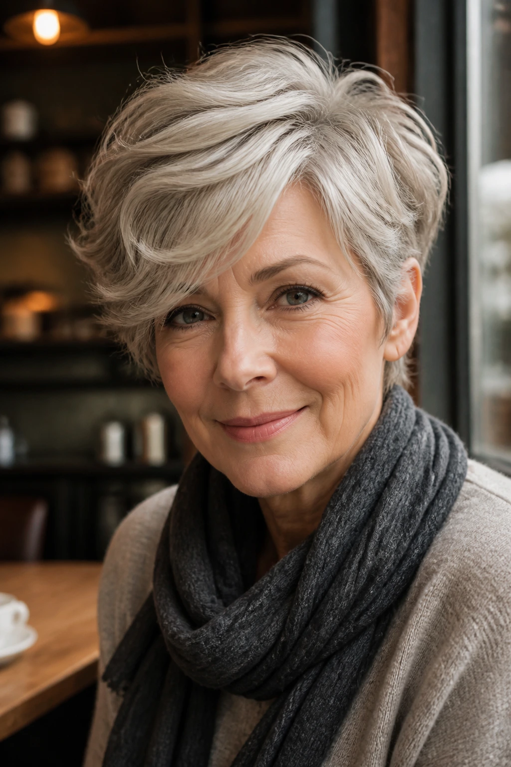 Older woman with soft side-swept wave pixie fringe