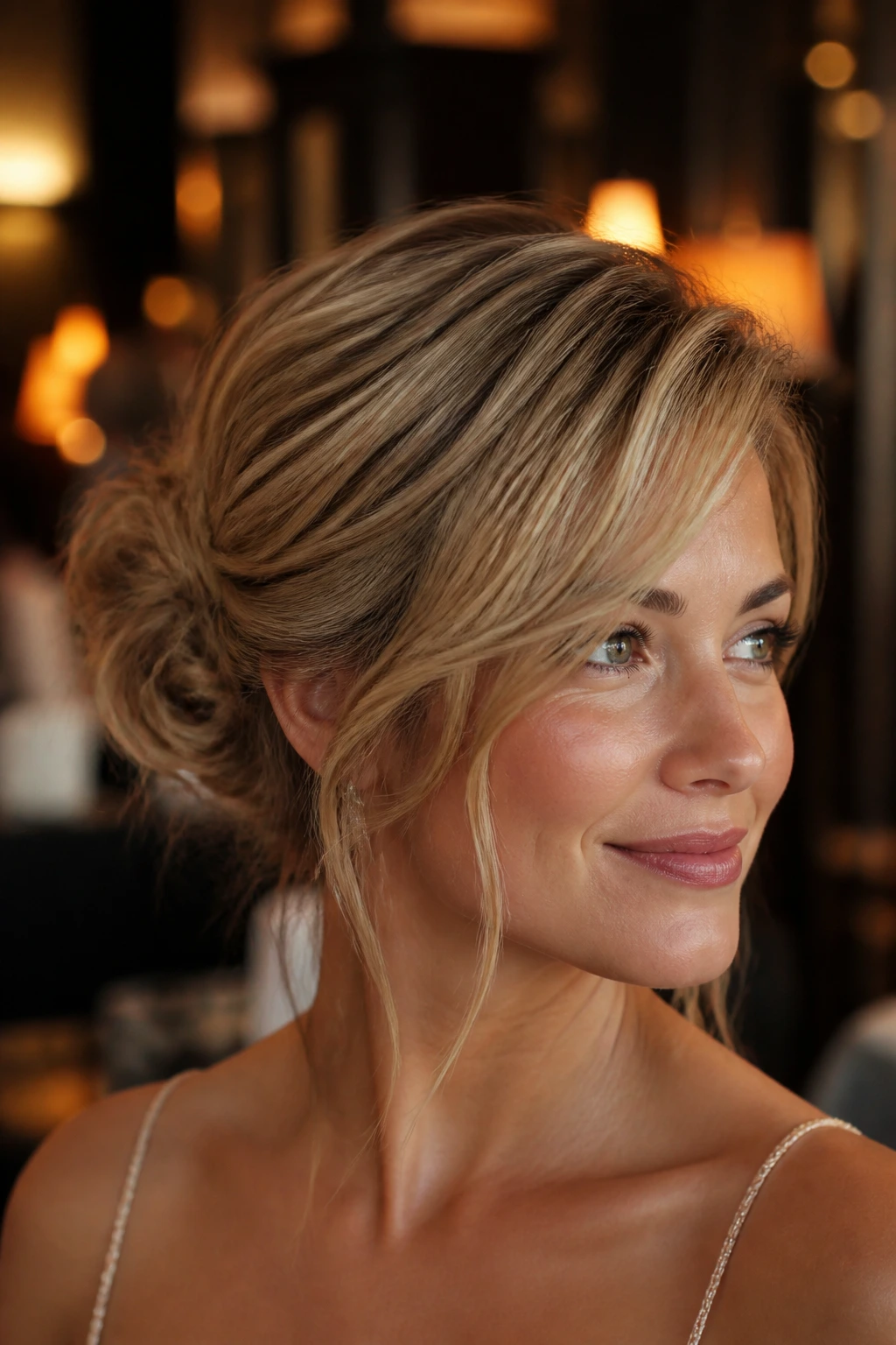 Real woman with a soft side-swept updo in an elegant evening setting
