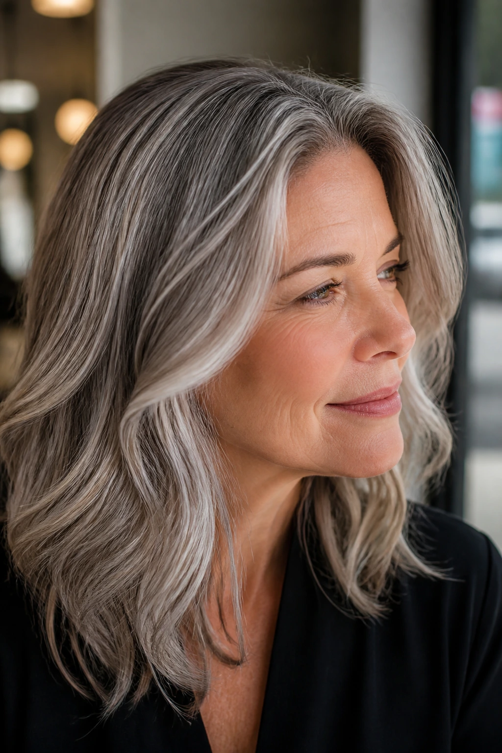 Close-up of a real person with soft silver babylights blending gray hair.