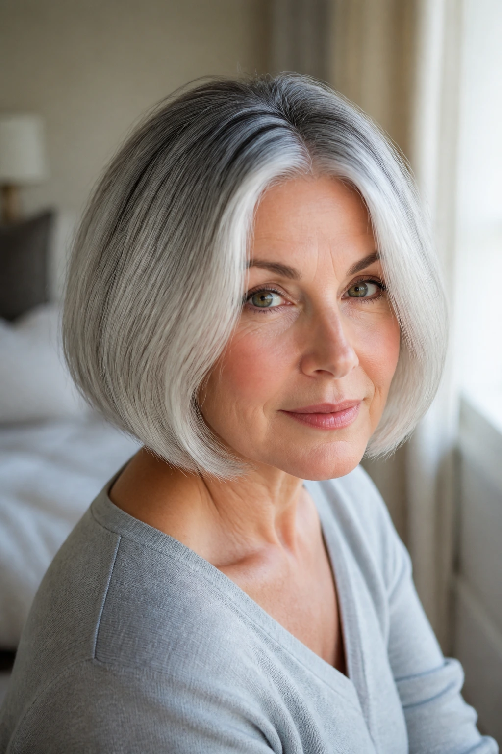 Close-up portrait of an older woman with a chin-length silver bob and smoky root