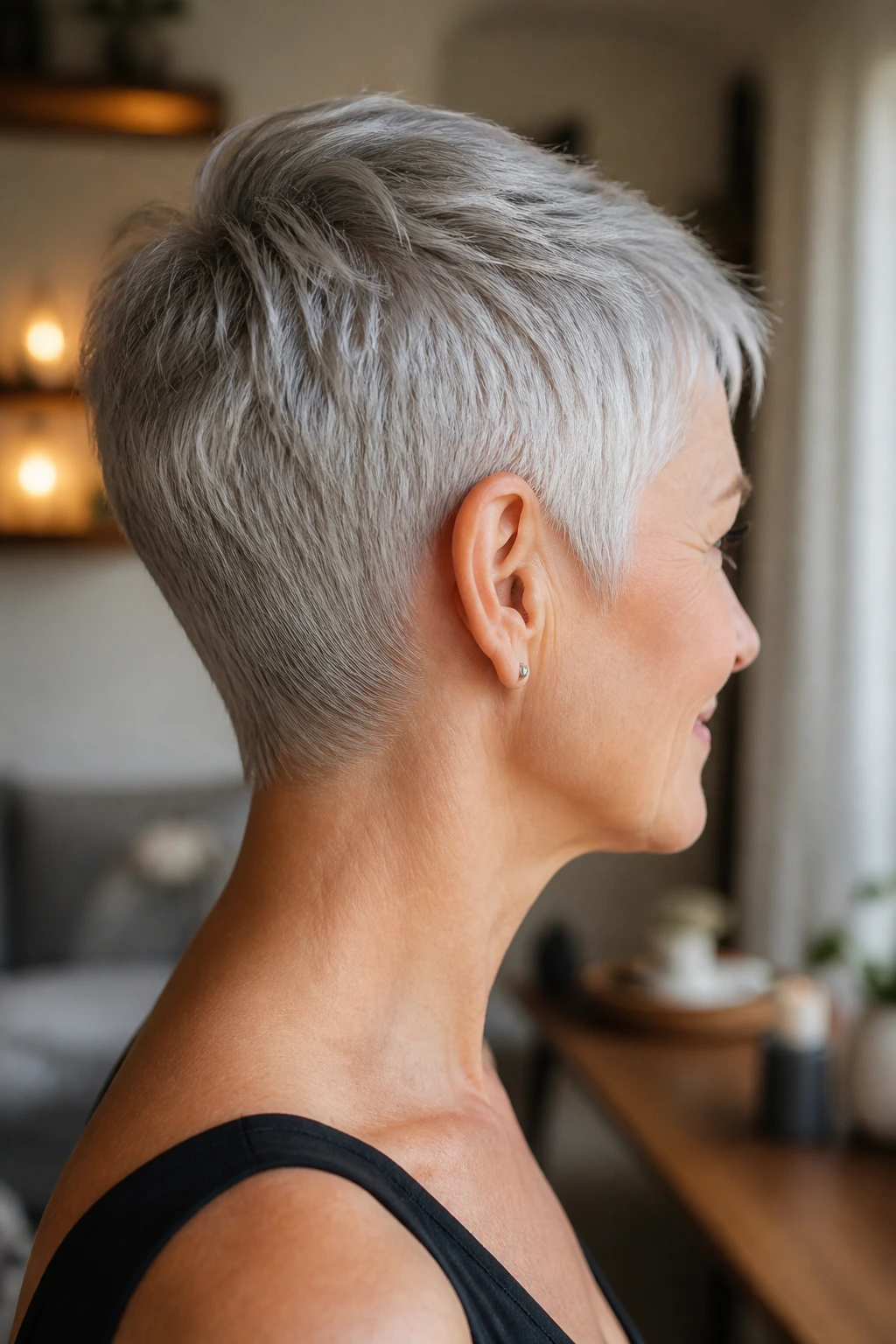 Portrait of a person with soft silver pixie showing tapered nape