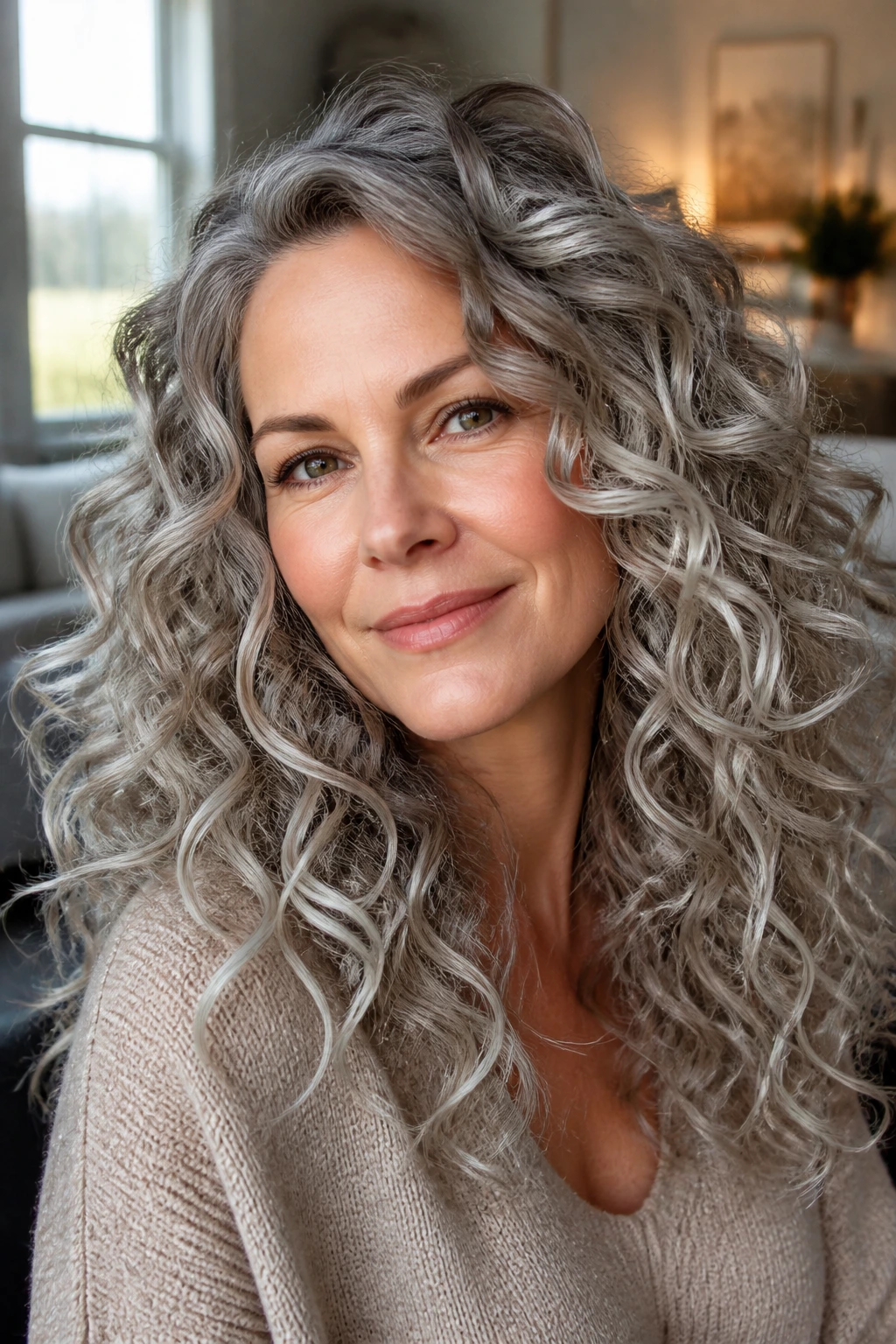 Close-up of a woman with silver-ribbon curls showing dimensional ash blonde highlights