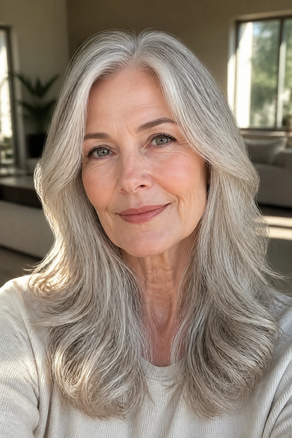 Close-up of a woman with soft silver hair and beige tones in warm natural light