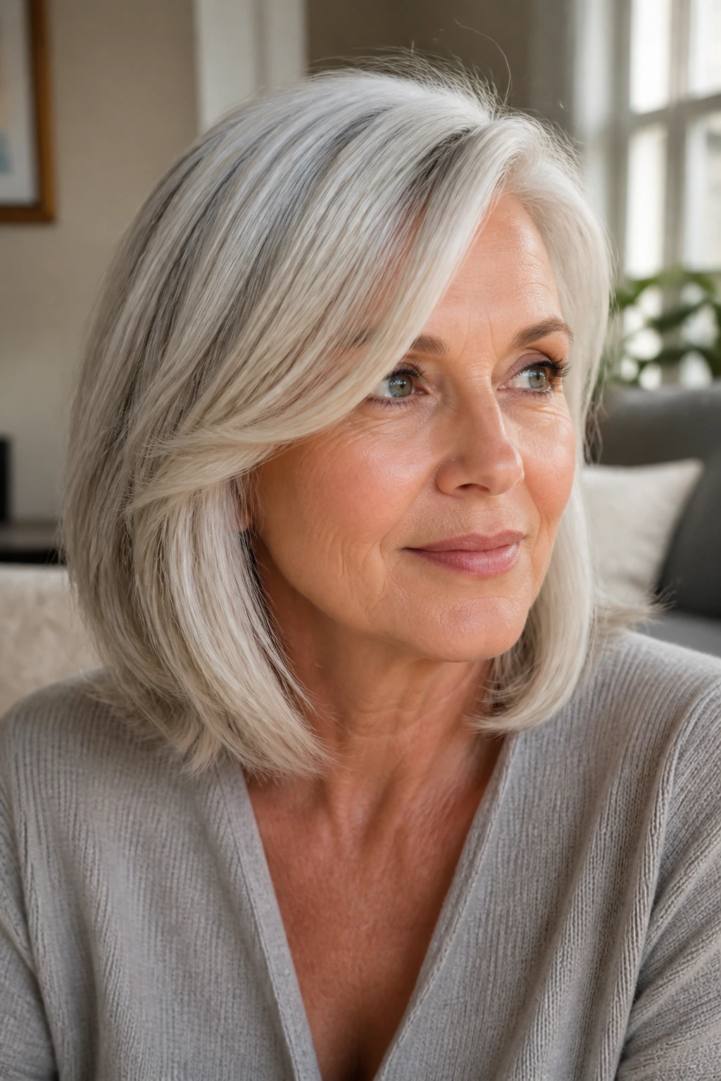 Close-up of an older woman with a soft silver sweep hairstyle featuring gray-white hair and a front long sweep.