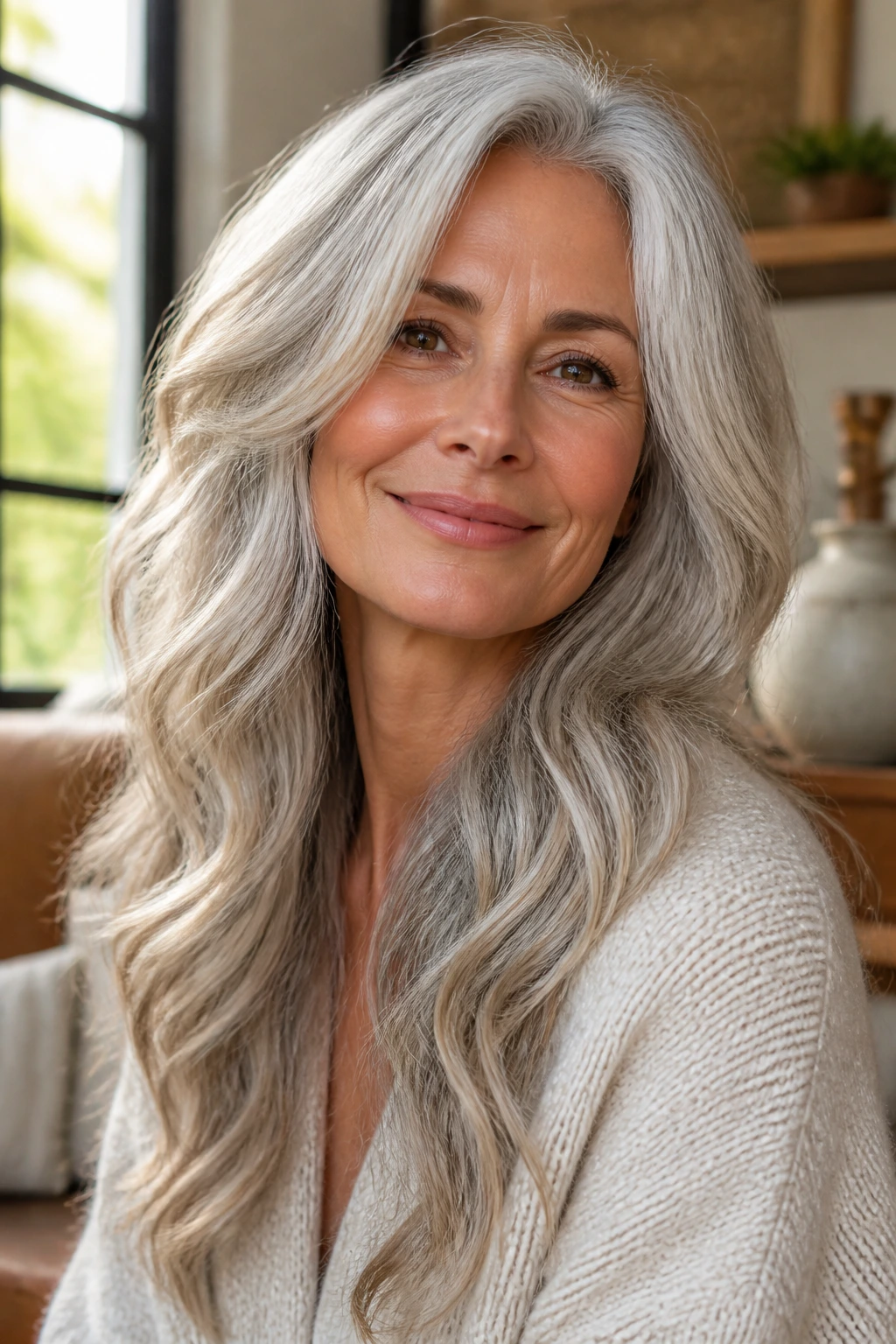 Portrait of a woman with soft silver waves and long layers in natural light