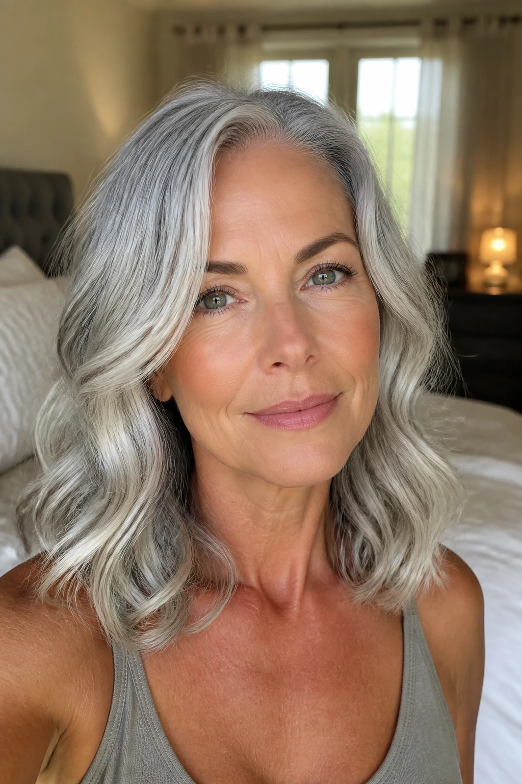 Close-up of a real woman with soft silver waves at collarbone length