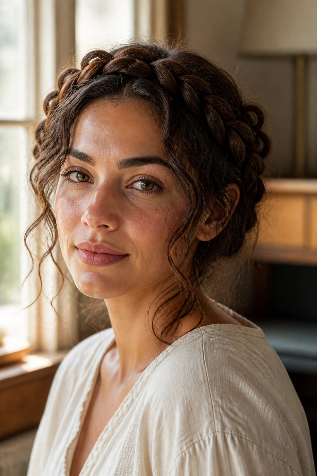 Person with a halo braid hairstyle in soft light