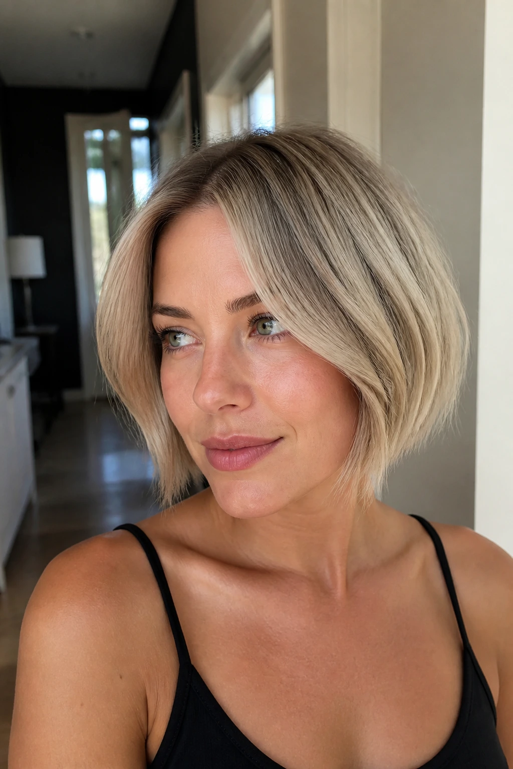 Close-up of a real woman with soft smoke blonde frame on a short bob