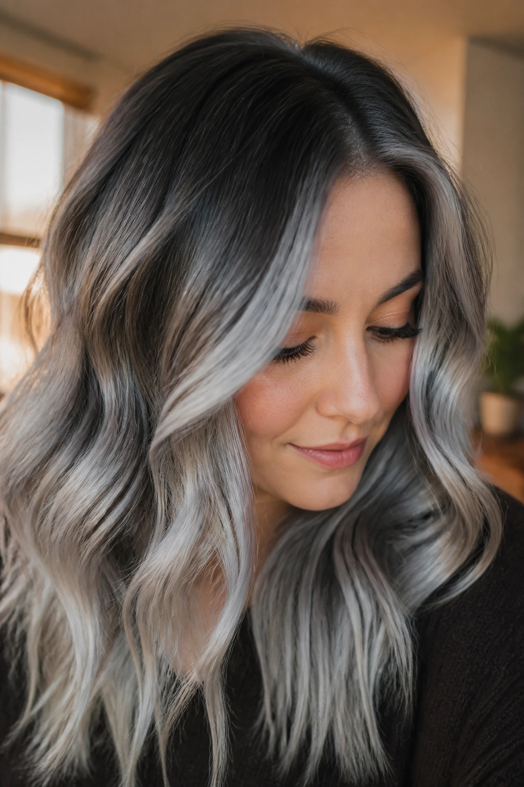 Portrait of a woman with smoky silver ombré hair in a warm home setting.