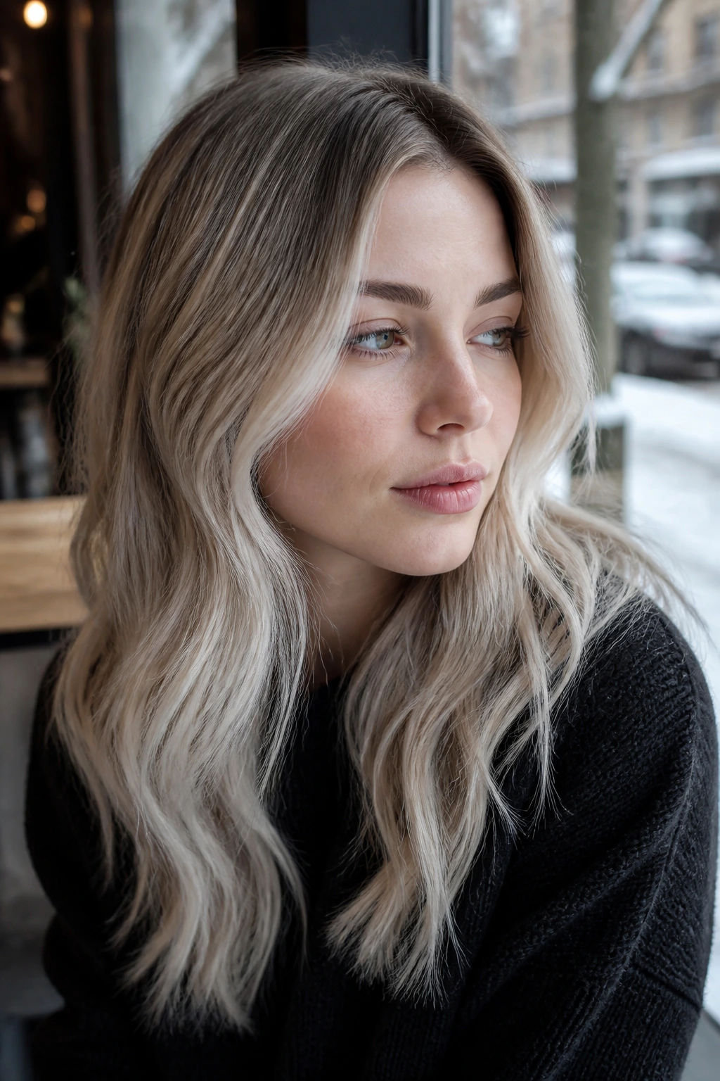 Close-up portrait with soft smoke and snow blonde hair