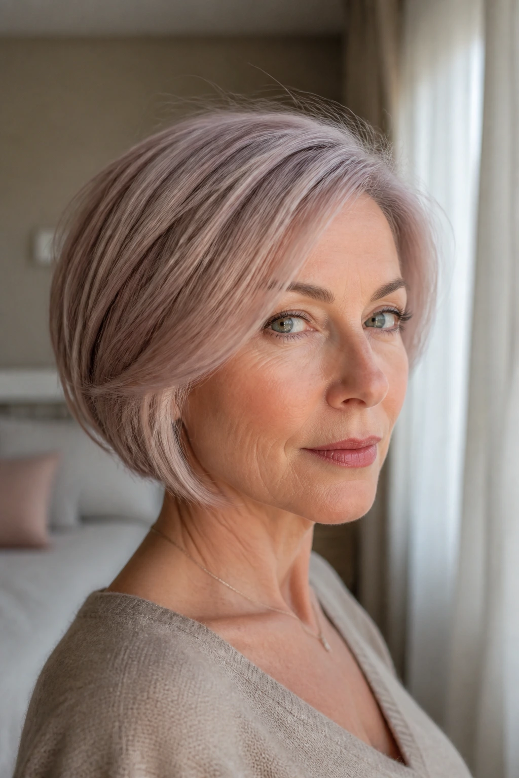 Close-up portrait of short bob hair with soft smoky rose-gold gray in a bedroom window setting.