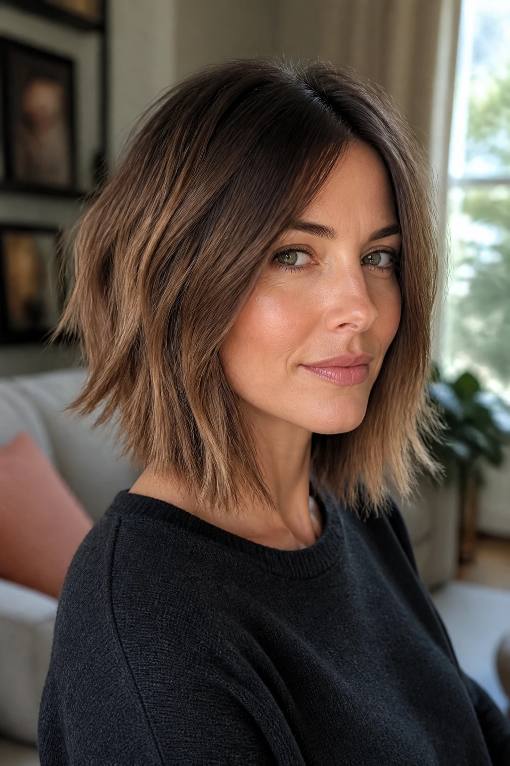 Close-up portrait of a real woman with soft spike lob hairstyle
